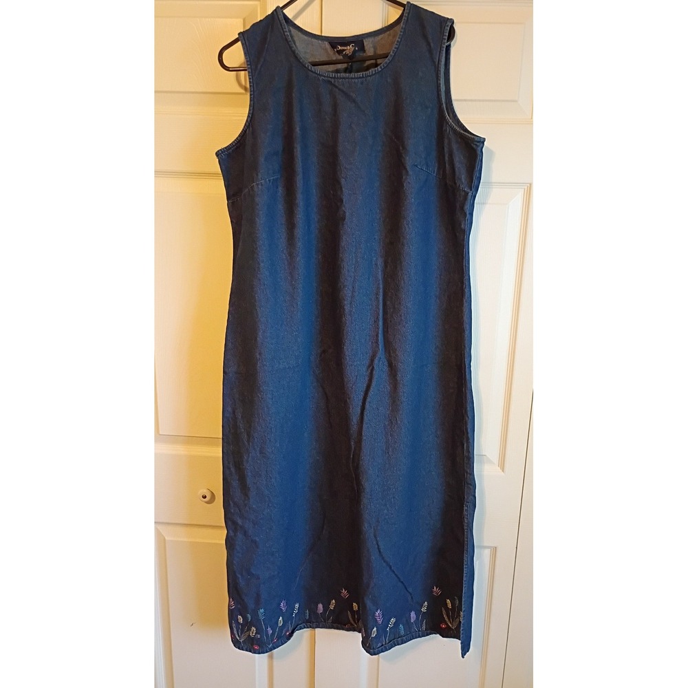 Denim & Co Womens 1X Blue Cotton Denim Embroidered Floral Sleeveless Maxi Dress